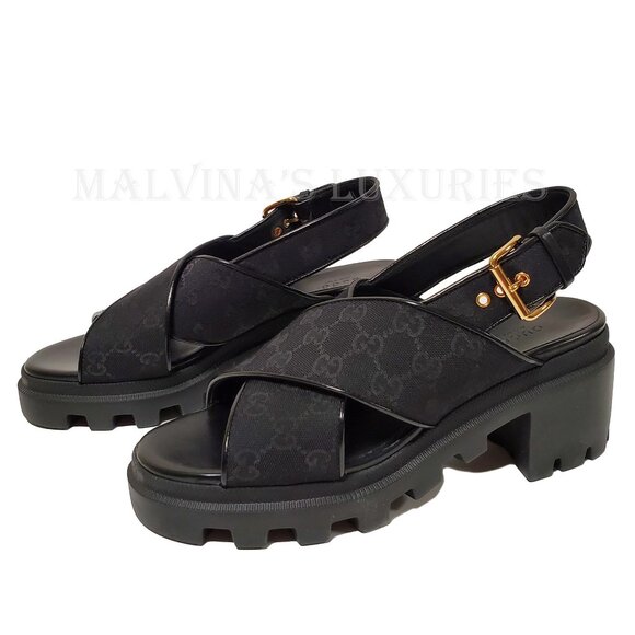 GUCCI SHOES BLACK GG SUPREME CANVAS CHUNKY LUG SOLE SANDALS - Picture 3 of 15